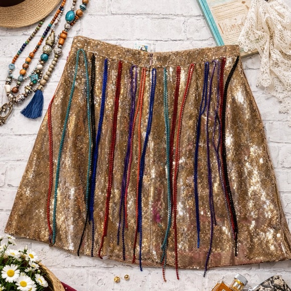 QUEEN OF SPARKLES Dresses & Skirts - QUEEN OF SPARKLES Gold Sequin Skirt with Colorful Fringe